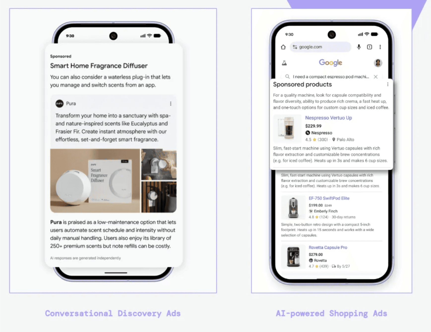 Phone screen image showing conversational discovery ads and AI-powered shopping ads